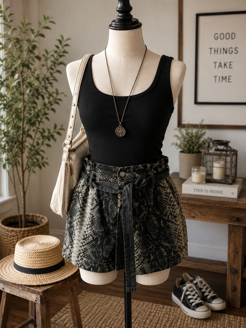Karen Millen Black Snake-Print High-Waist Paperbag Shorts Sz 8